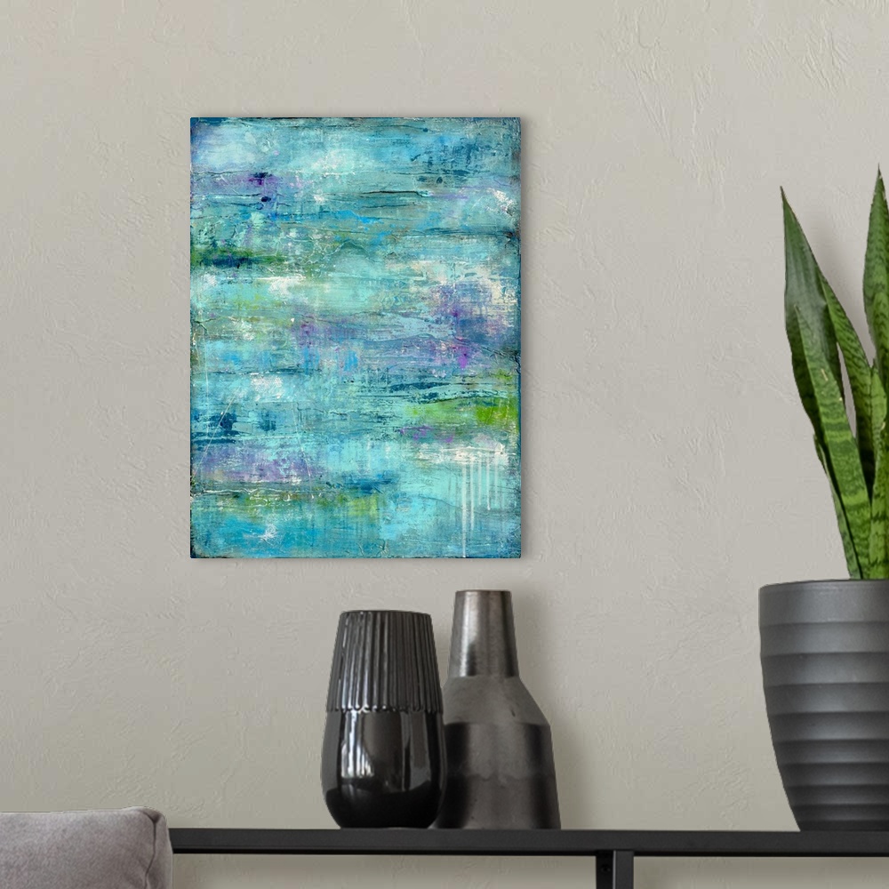 A modern room featuring Contemporary abstract painting using aqua tones mixed with touches of light purple.
