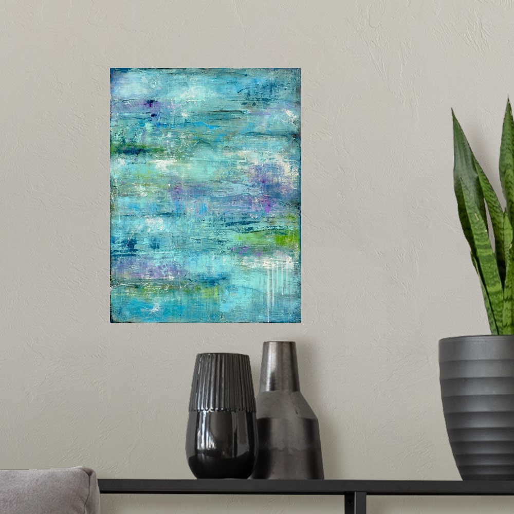 A modern room featuring Contemporary abstract painting using aqua tones mixed with touches of light purple.