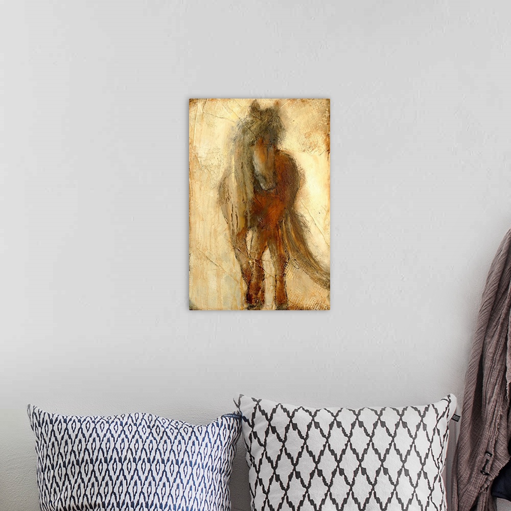 A bohemian room featuring A large contemporary art piece of a horse that includes a lot of texture and warm tones.