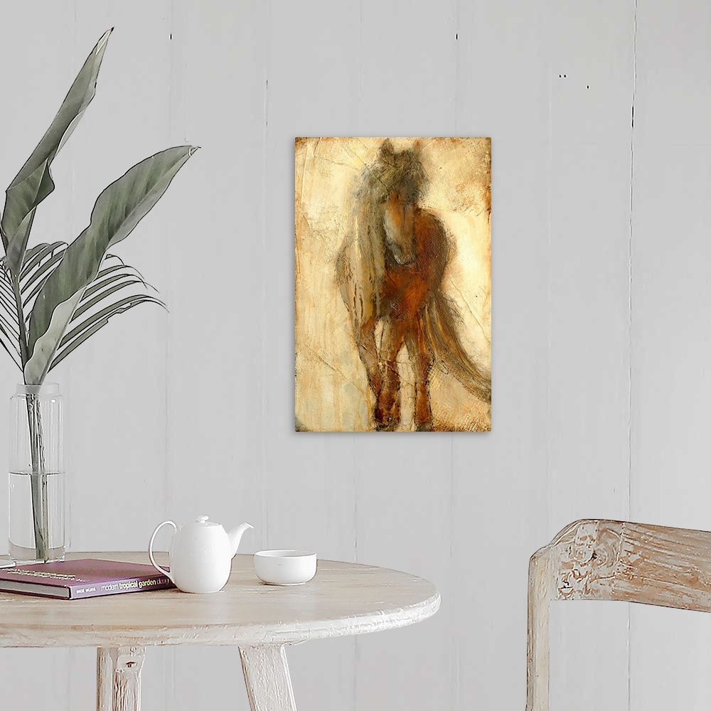A farmhouse room featuring A large contemporary art piece of a horse that includes a lot of texture and warm tones.