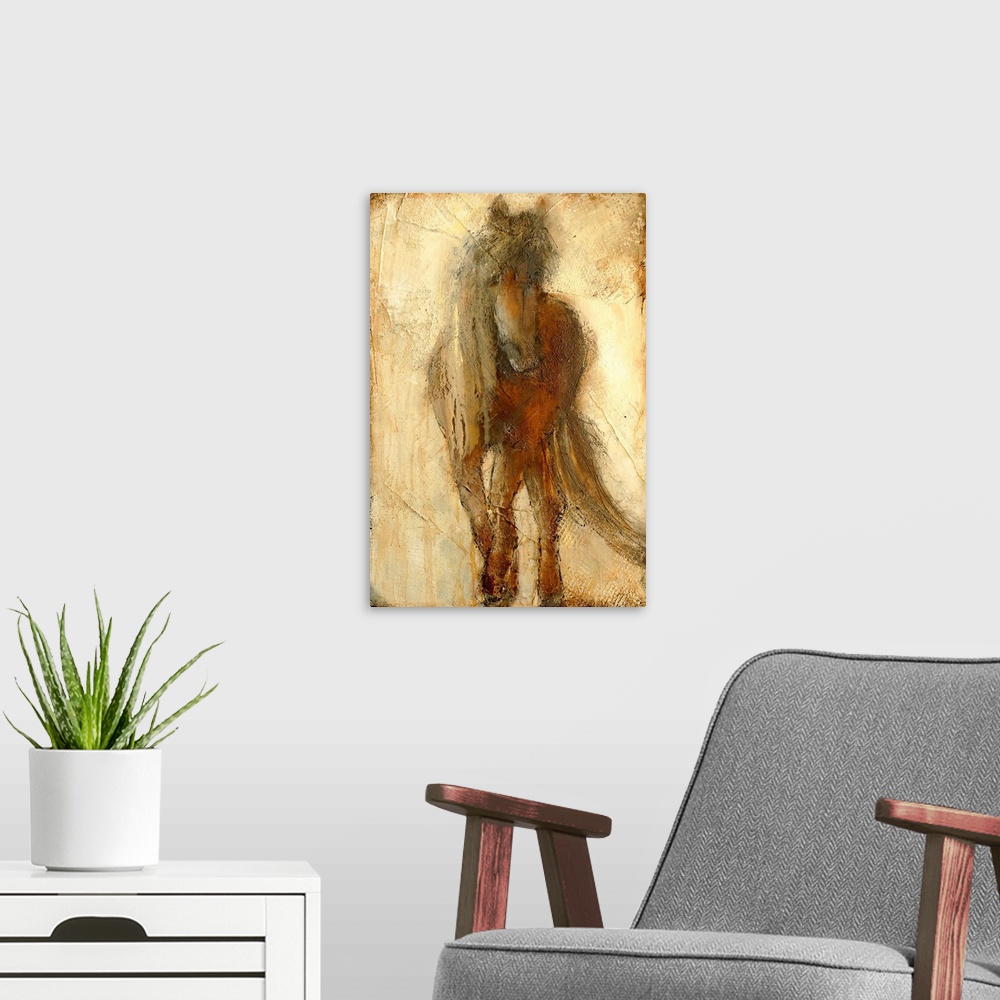 A modern room featuring A large contemporary art piece of a horse that includes a lot of texture and warm tones.