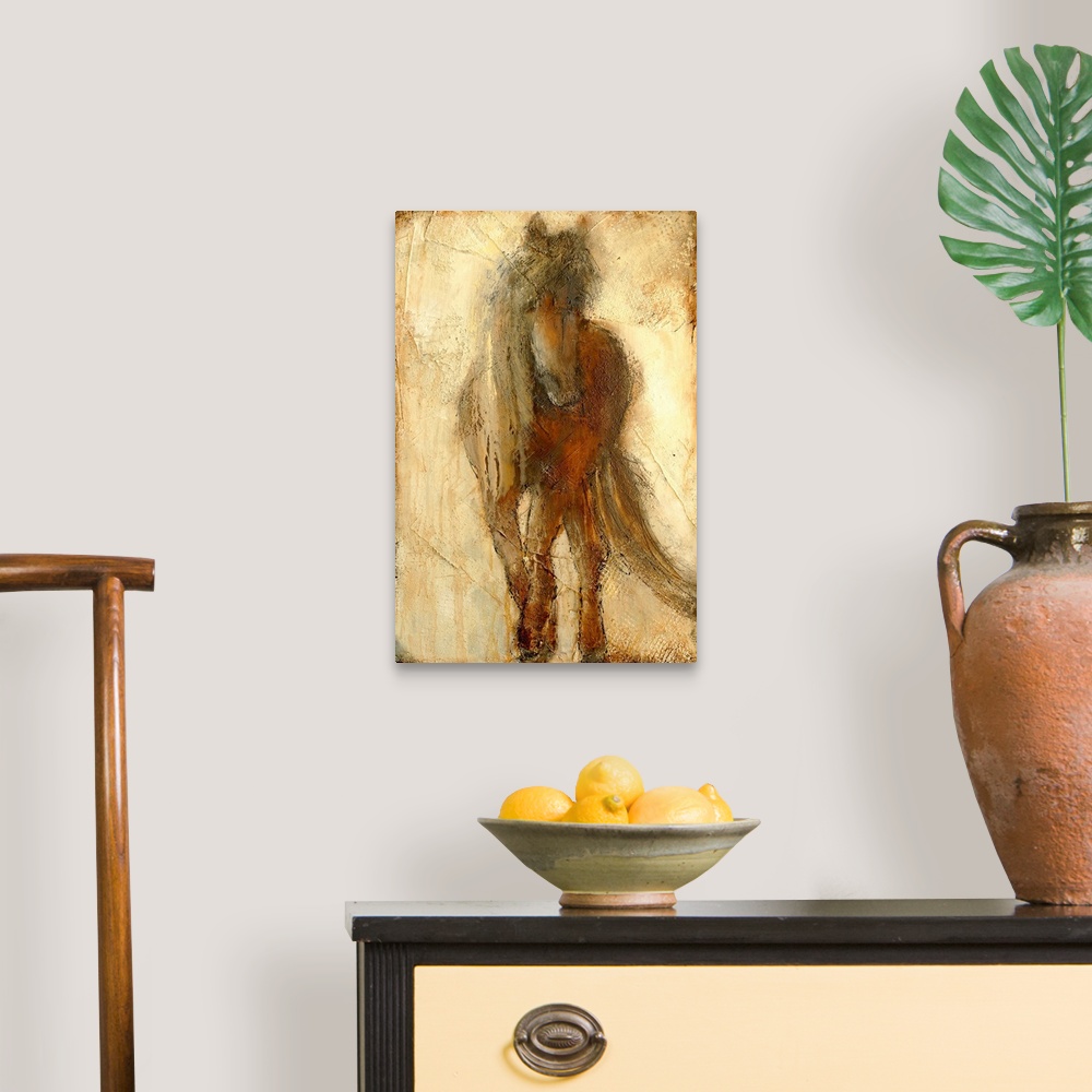 A traditional room featuring A large contemporary art piece of a horse that includes a lot of texture and warm tones.