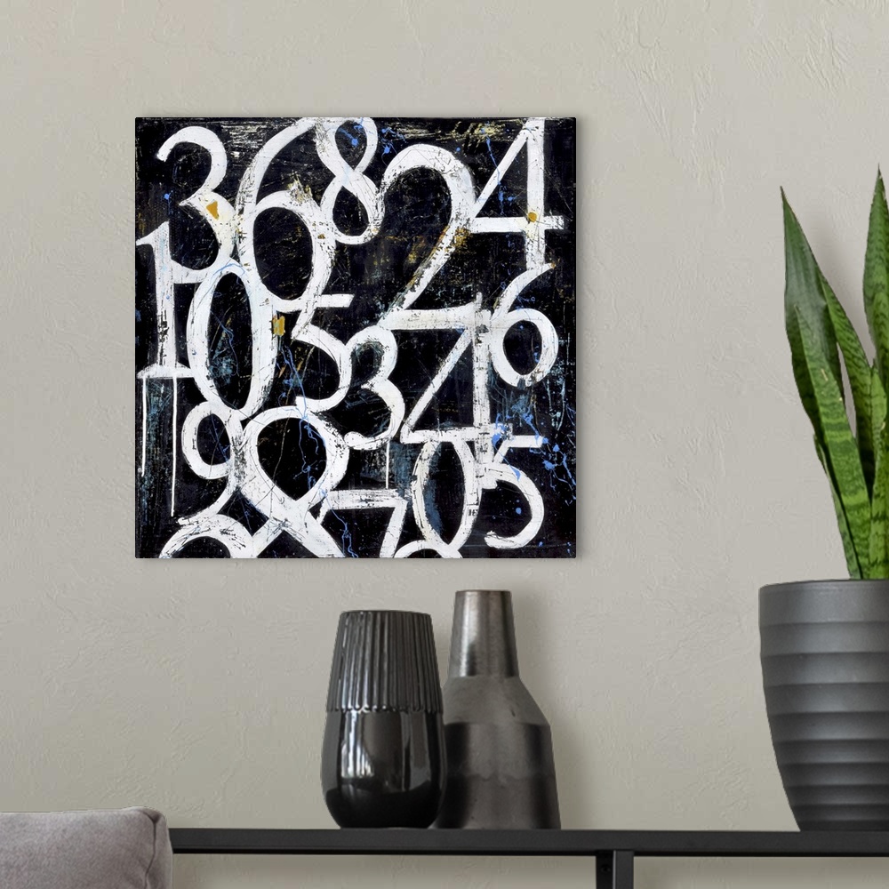 A modern room featuring Contemporary painting of white grungy looking numbers against a black and blue background.