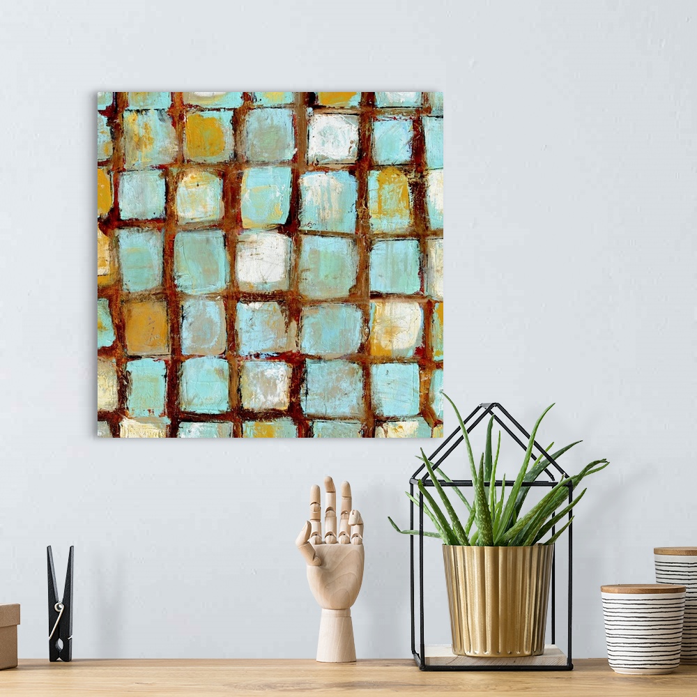 A bohemian room featuring Contemporary abstract painting of distressed beach colored squares arranged in a grid pattern wit...
