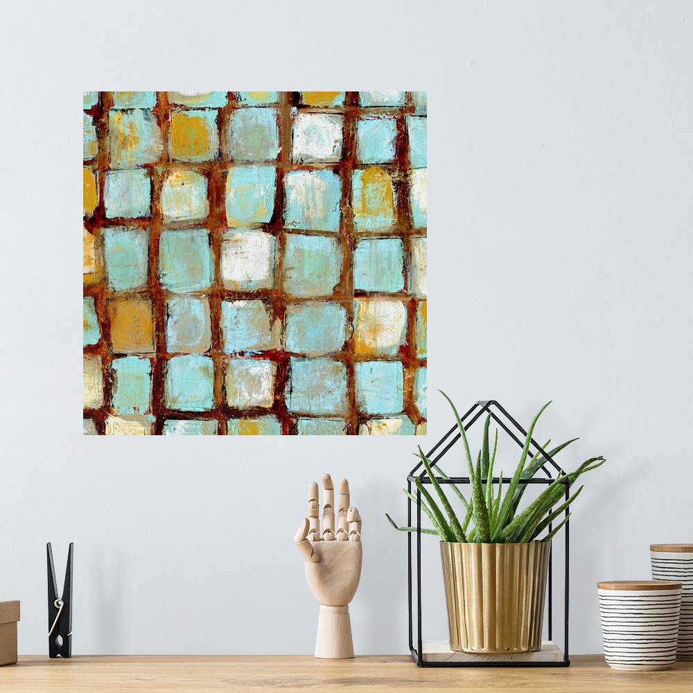 A bohemian room featuring Contemporary abstract painting of distressed beach colored squares arranged in a grid pattern wit...