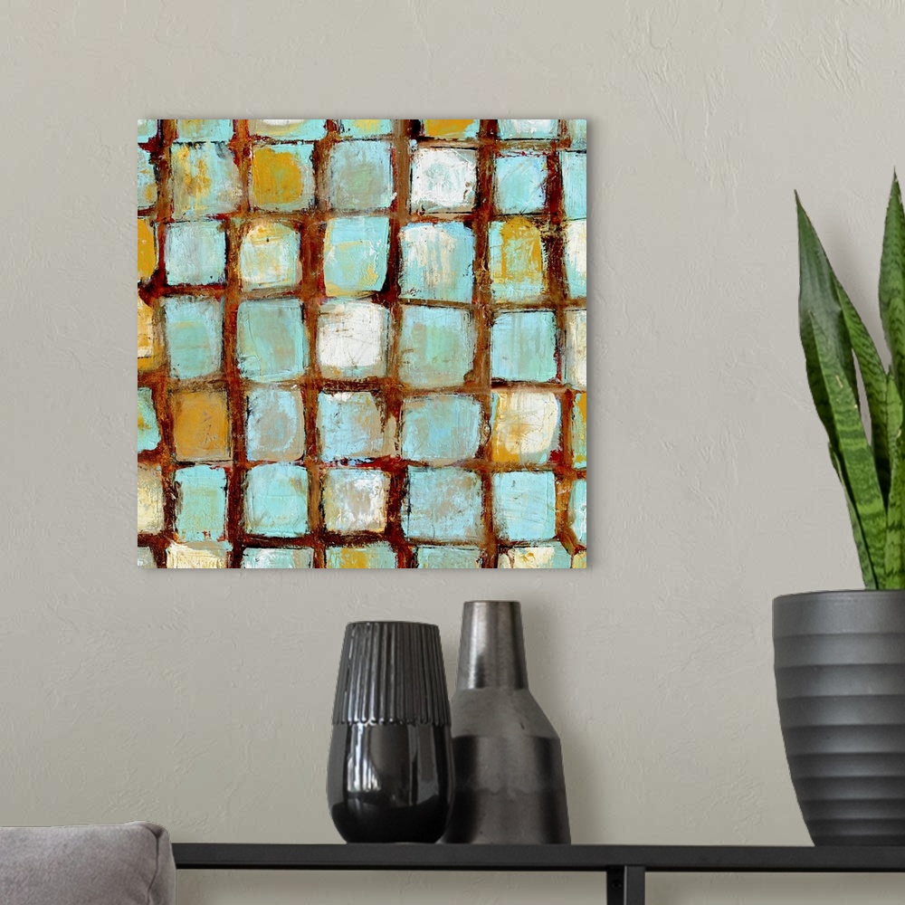 A modern room featuring Contemporary abstract painting of distressed beach colored squares arranged in a grid pattern wit...