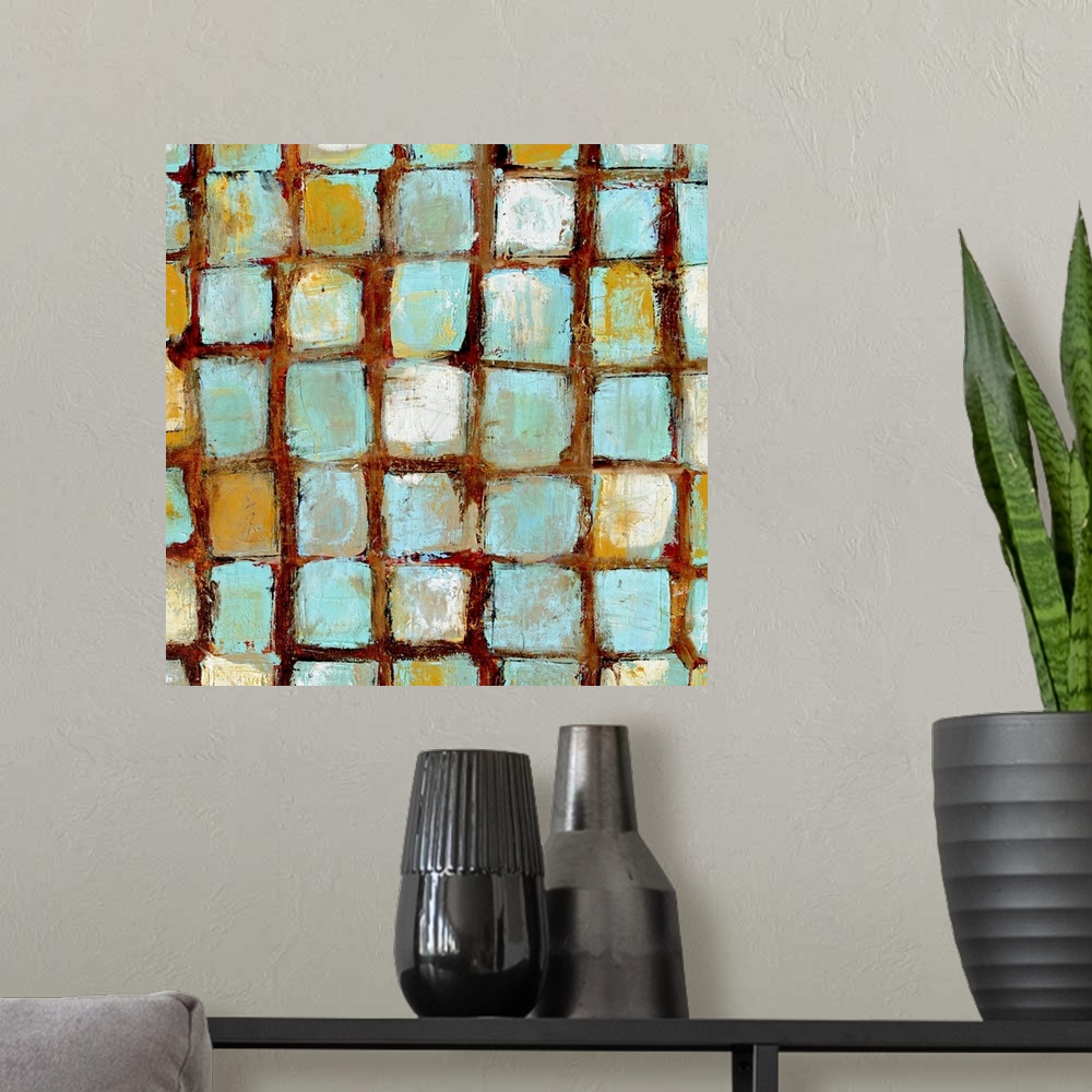 A modern room featuring Contemporary abstract painting of distressed beach colored squares arranged in a grid pattern wit...