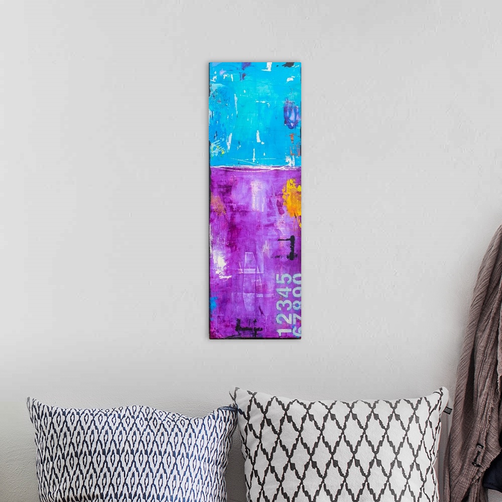 A bohemian room featuring Vertical abstract artwork created with  purple and teal with a portrait of a woman on the far lef...