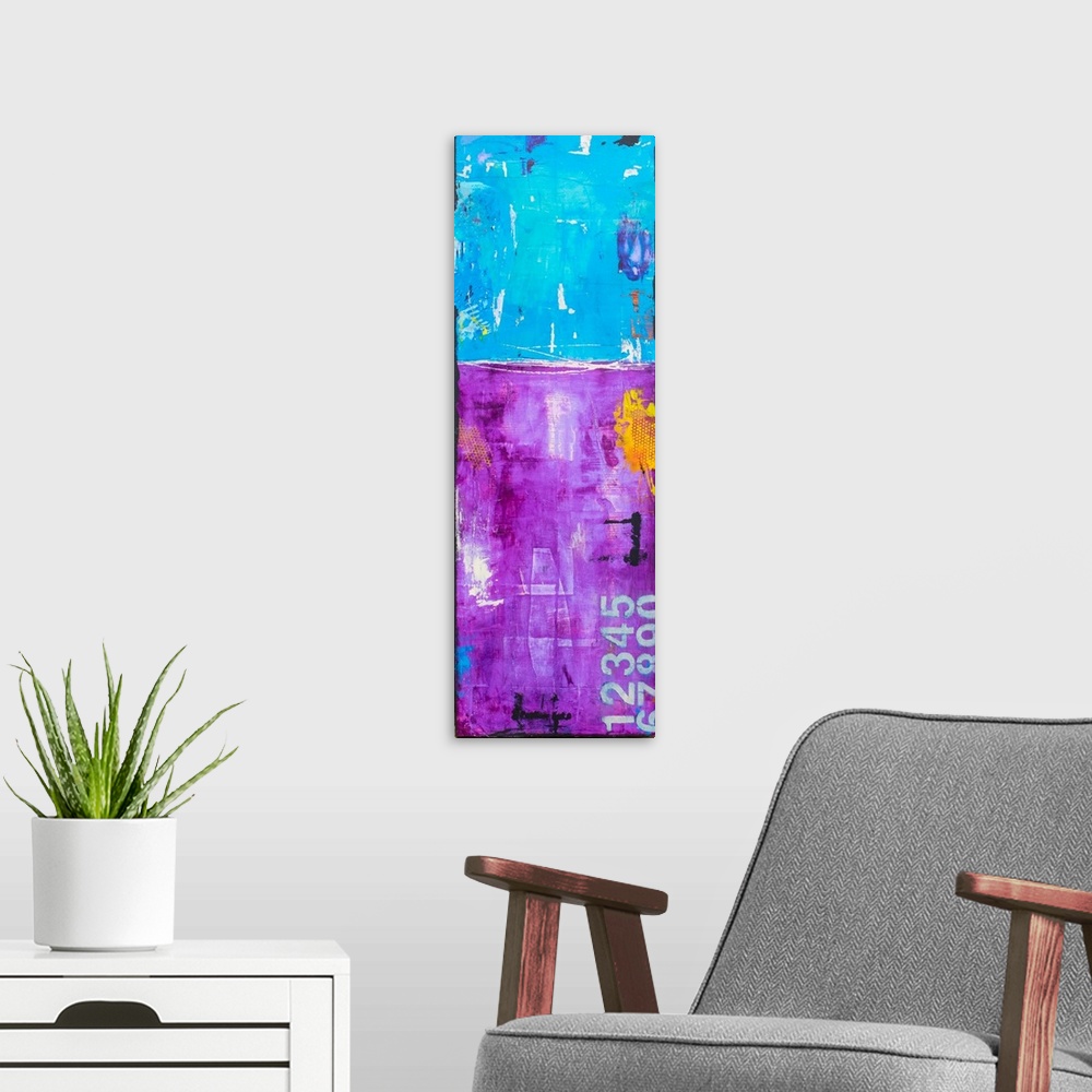 A modern room featuring Vertical abstract artwork created with  purple and teal with a portrait of a woman on the far lef...
