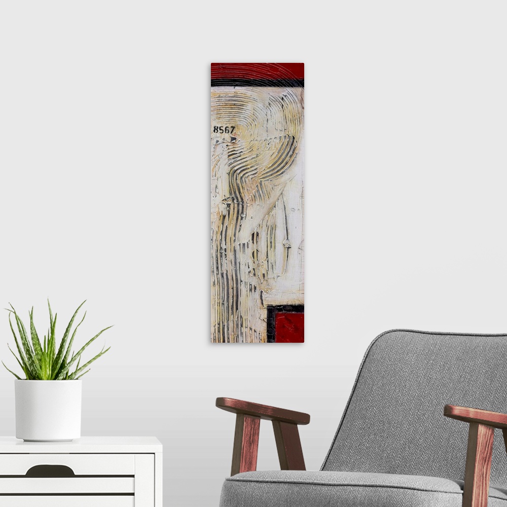 A modern room featuring Contemporary abstract artwork in red and white with narrow stripes.
