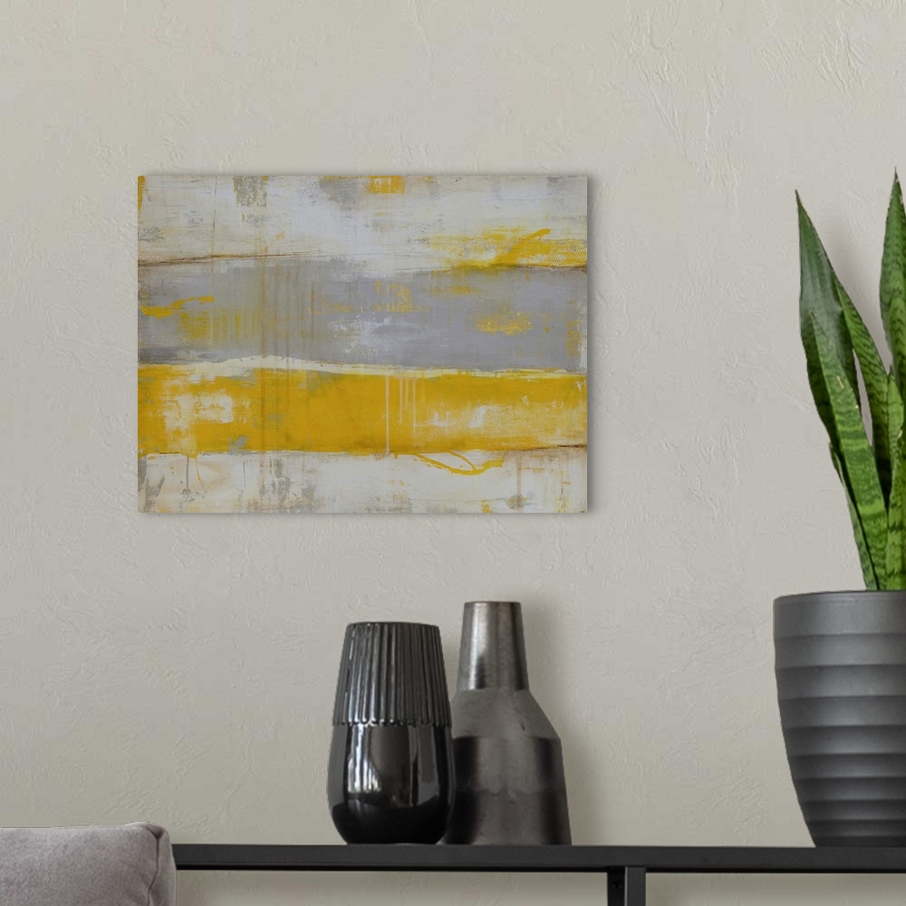A modern room featuring Contemporary abstract painting using gray and yellow.