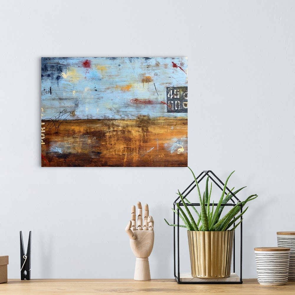 A bohemian room featuring A textured contemporary abstract painting with sky blue tones and different shades of brown and o...