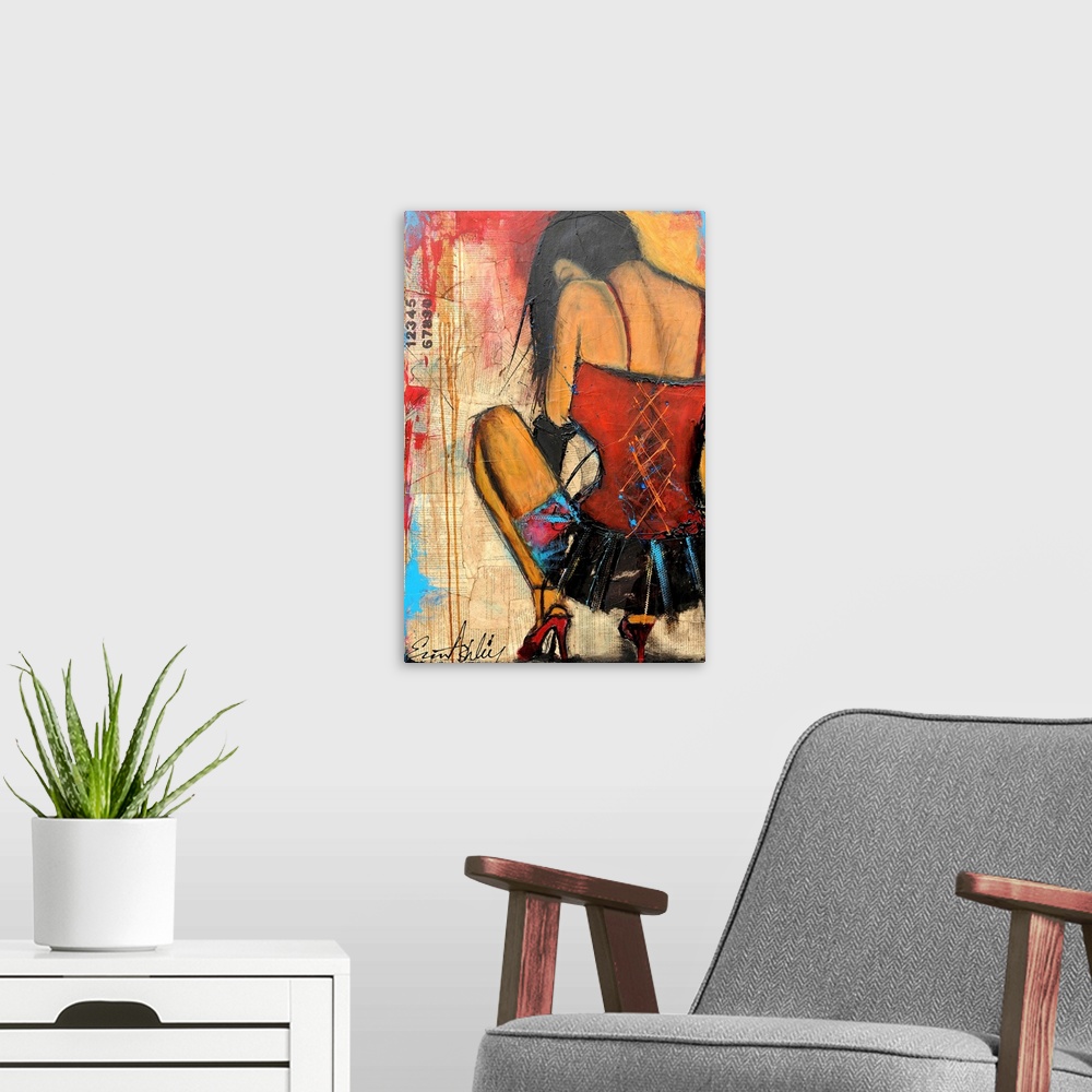 A modern room featuring Giant contemporary art looks at the back of a female dancer in a short skirt and high heels repre...