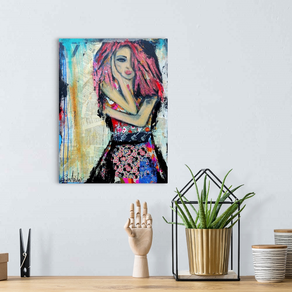A bohemian room featuring Portrait figurative artwork of a girl in a flower patterned dress with long pink hair and a guita...