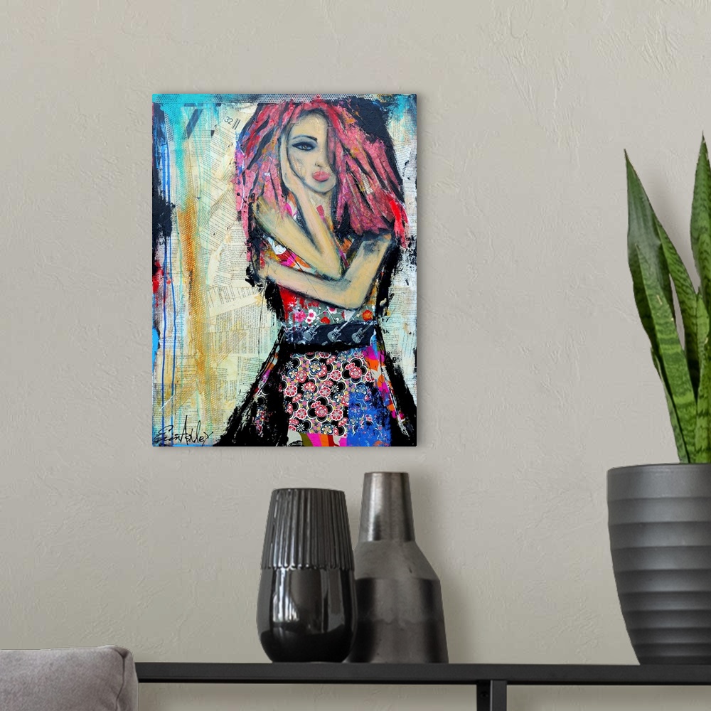 A modern room featuring Portrait figurative artwork of a girl in a flower patterned dress with long pink hair and a guita...