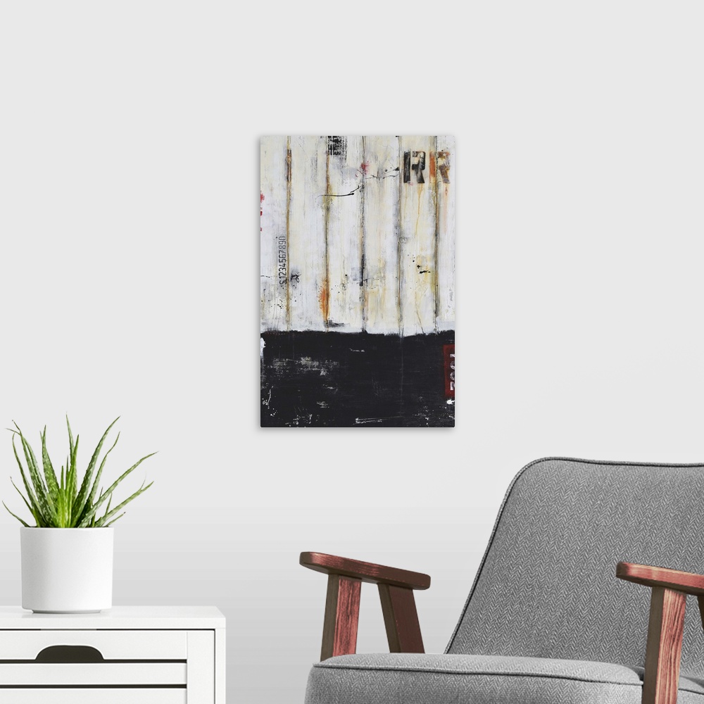 A modern room featuring Contemporary abstract painting using black and putty with stenciled letters.
