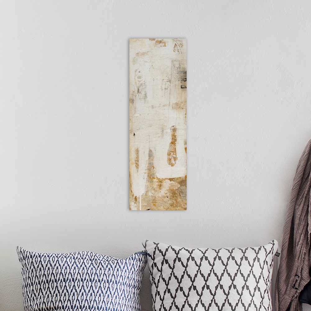 A bohemian room featuring Abstract vertical contemporary art print of organic shapes and lines in muted earth tones.