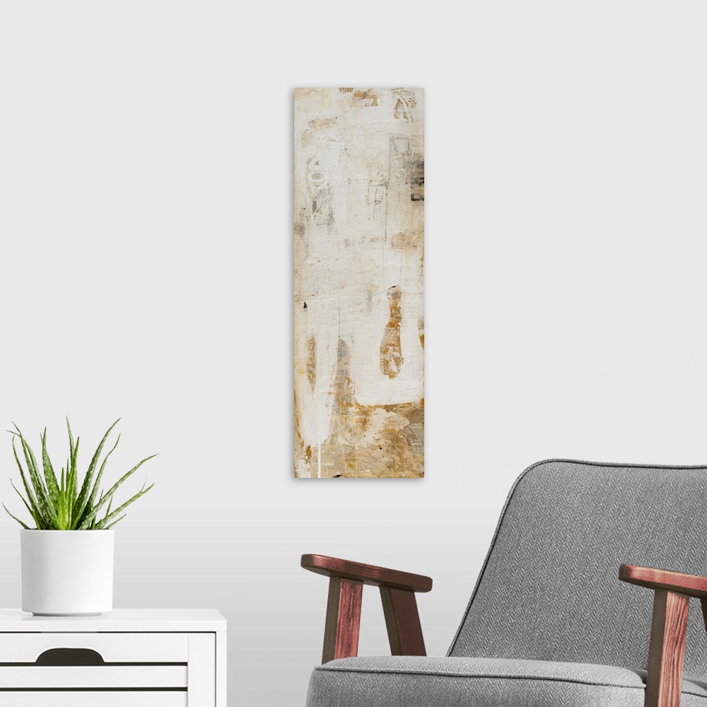 A modern room featuring Abstract vertical contemporary art print of organic shapes and lines in muted earth tones.