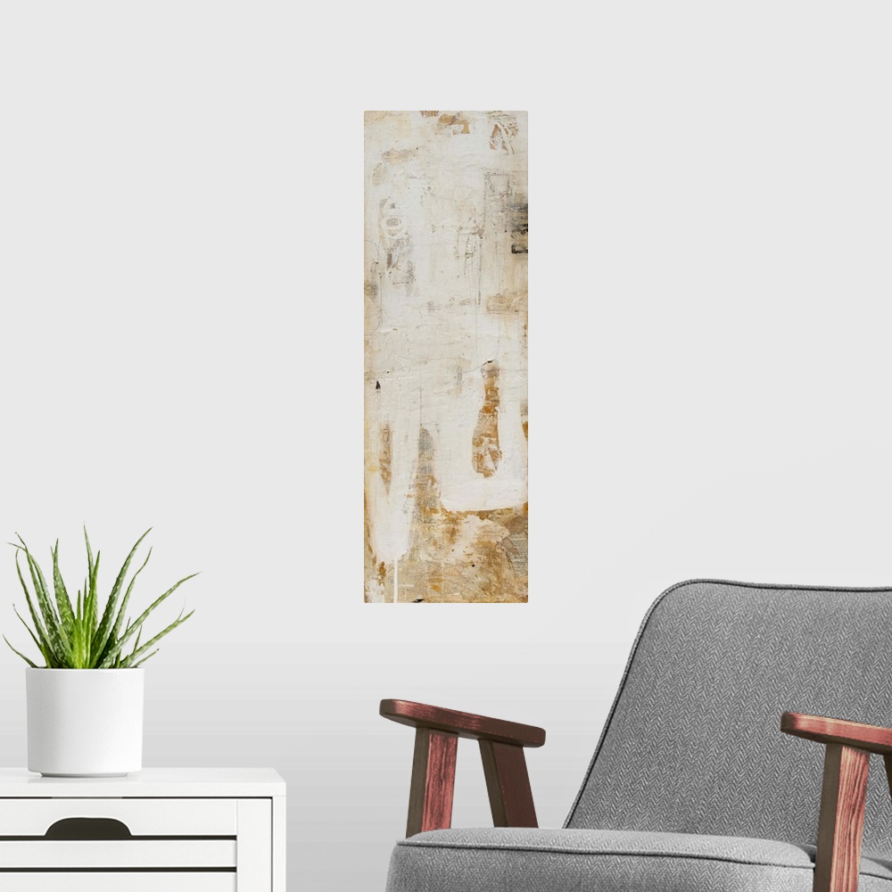 A modern room featuring Abstract vertical contemporary art print of organic shapes and lines in muted earth tones.