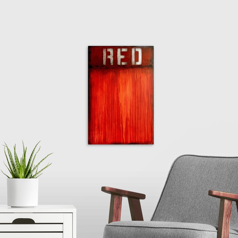 A modern room featuring Contemporary abstract art created in shades of red with paint drips and the word 'Red' stenciled ...