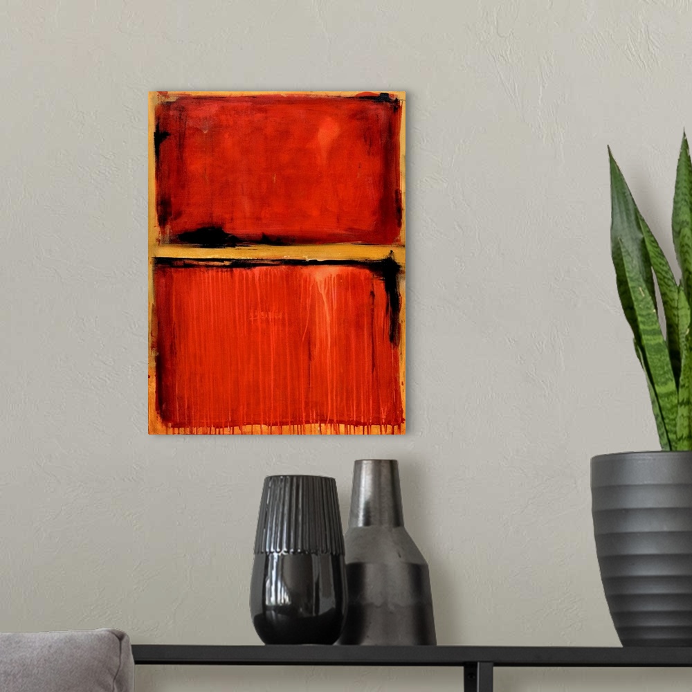 A modern room featuring Contemporary abstract artwork in deep red with an orange stripe.