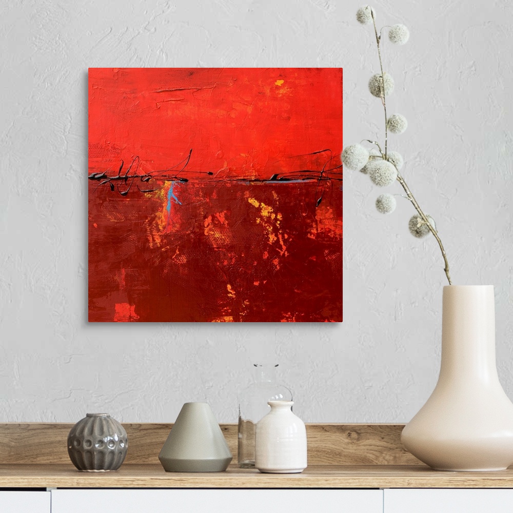 A farmhouse room featuring Square abstract painting on canvas with brush stroke textures overlaid on top.