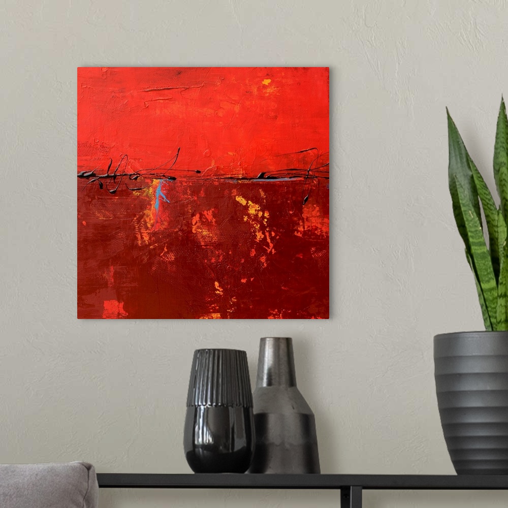 A modern room featuring Square abstract painting on canvas with brush stroke textures overlaid on top.