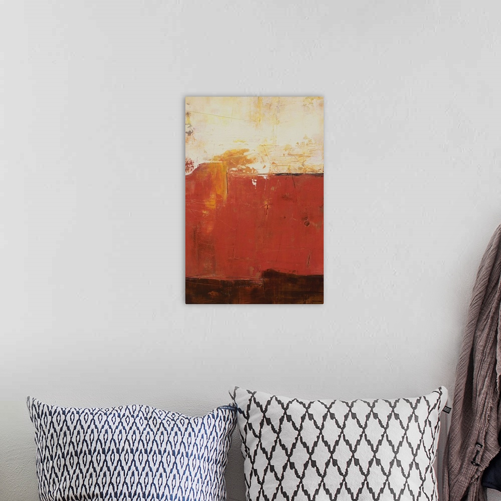 A bohemian room featuring Abstract contemporary art print in color blocks of brown and rust.