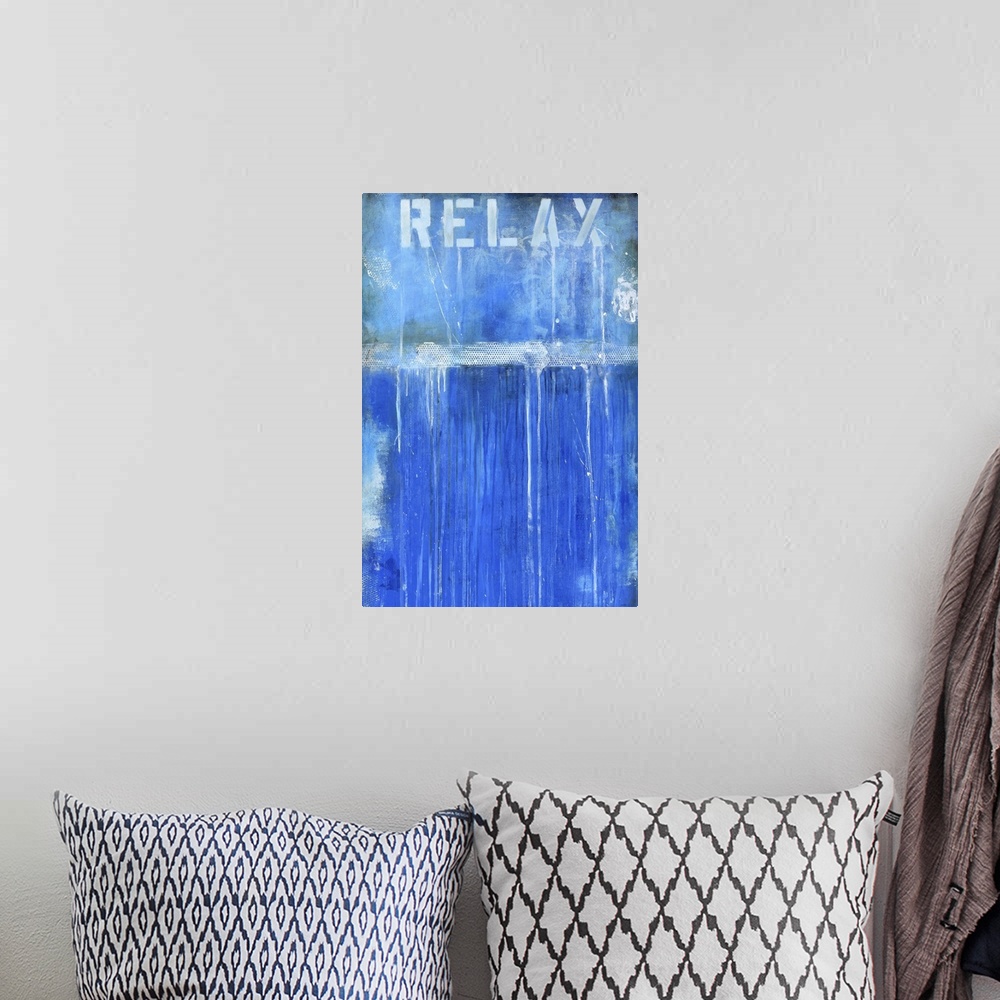 A bohemian room featuring Contemporary abstract painting using vibrant blue with white drips and splatters from a stenciled...