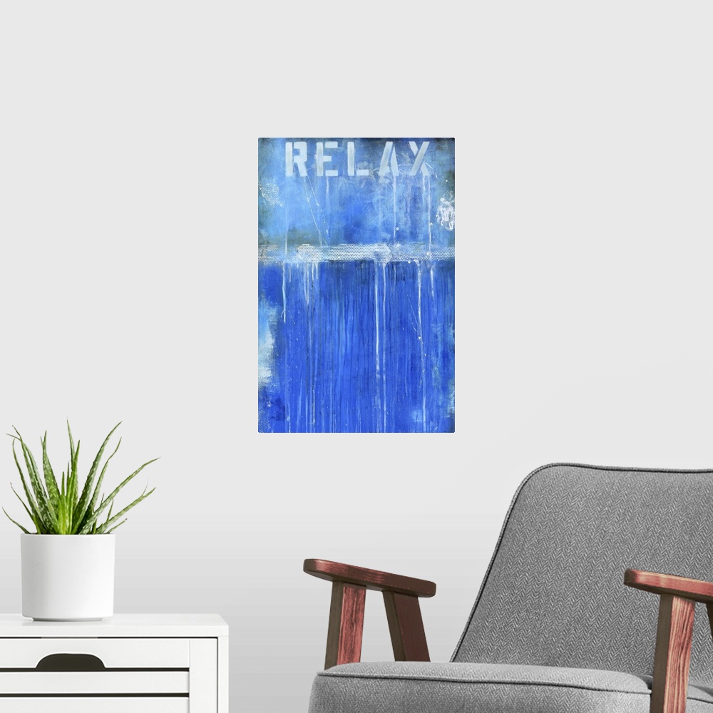 A modern room featuring Contemporary abstract painting using vibrant blue with white drips and splatters from a stenciled...