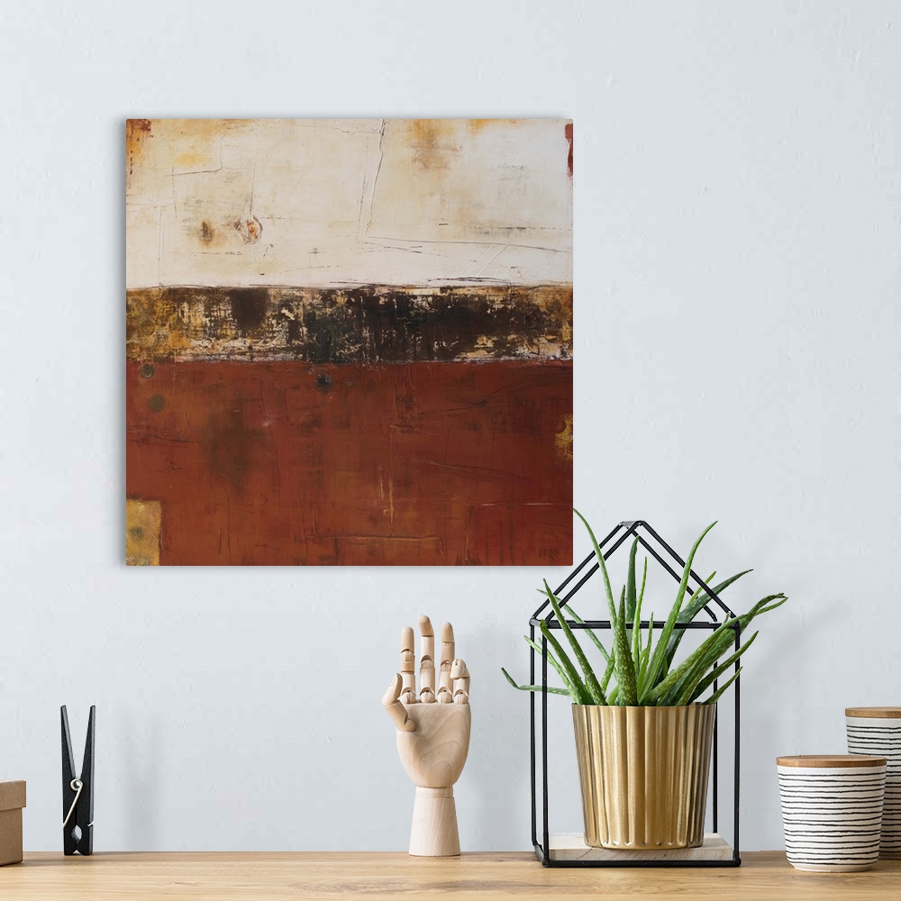 A bohemian room featuring Contemporary abstract painting in copper and rust colored horizontal bands.