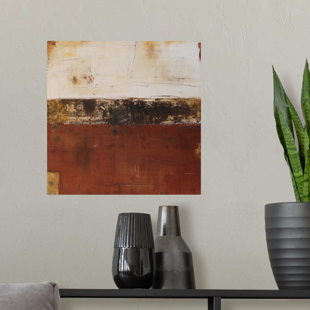 A modern room featuring Contemporary abstract painting in copper and rust colored horizontal bands.