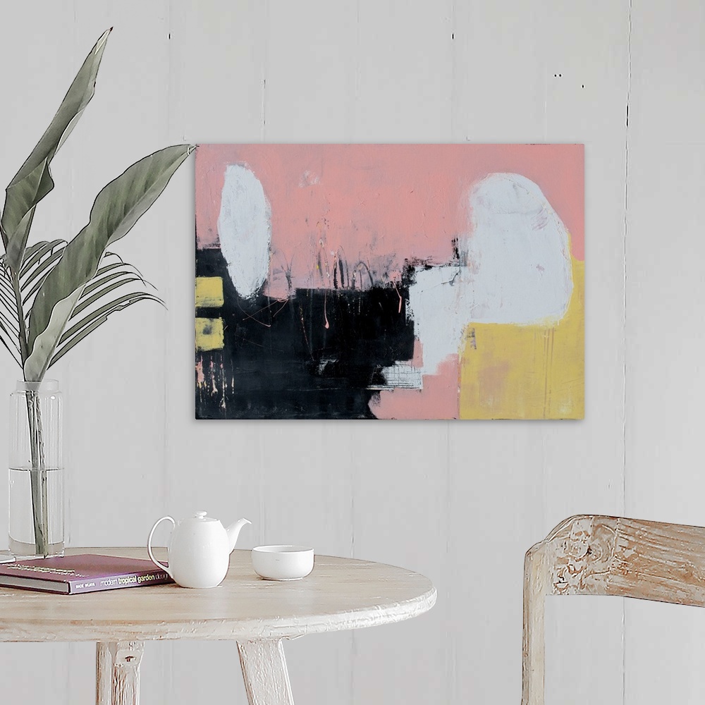 A farmhouse room featuring Horizontal abstract painting with a pale pink background and white, yellow, and black on top.