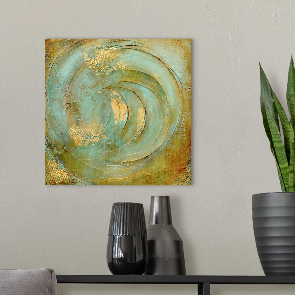 A modern room featuring This heavily textured contemporary artwork features an abstract circular design with inspirationa...