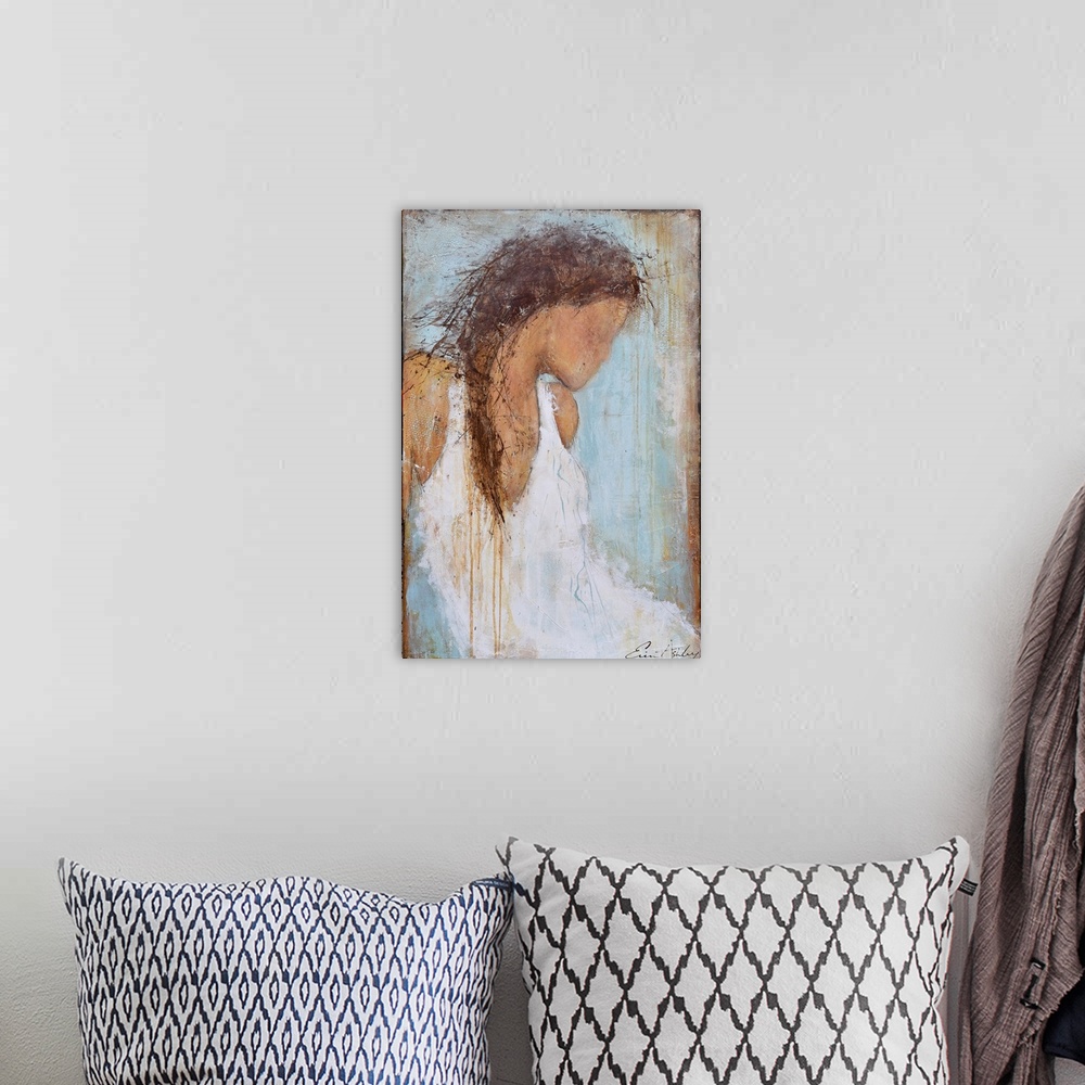 A bohemian room featuring A contemporary abstract painting of a female figure with brown braided hair and wearing a white d...