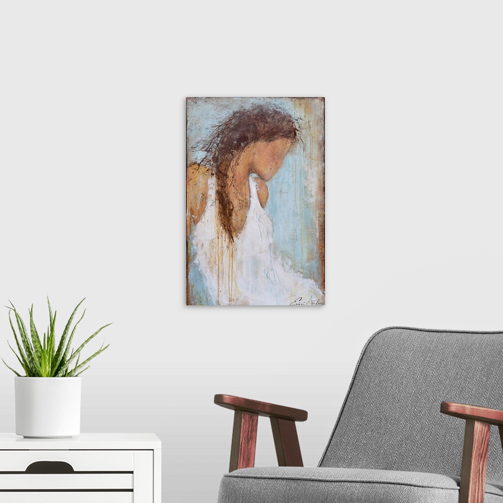 A modern room featuring A contemporary abstract painting of a female figure with brown braided hair and wearing a white d...