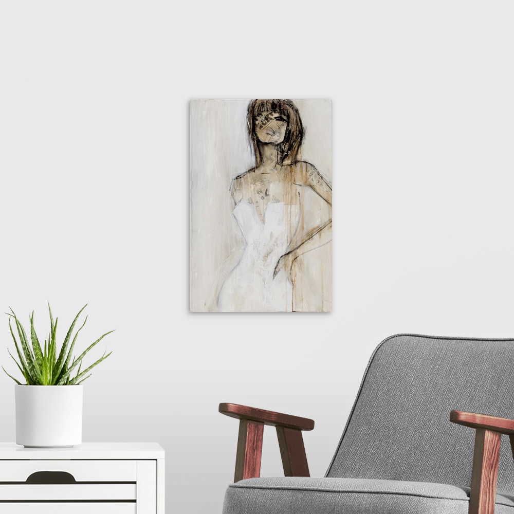 A modern room featuring A contemporary abstract painting of a brunette woman wearing a white strapless dress with her han...