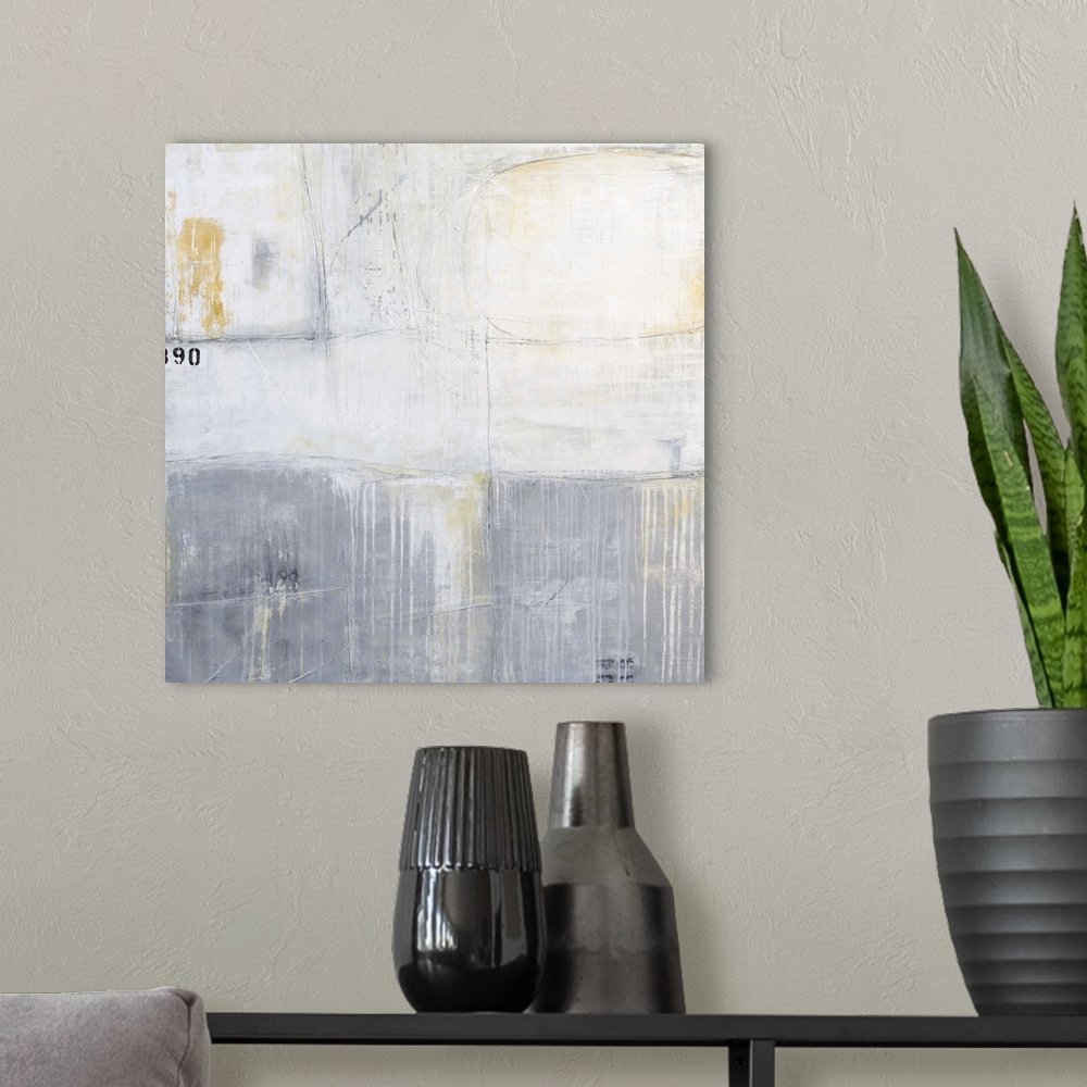 A modern room featuring A square contemporary abstract painting that consists of a majority of both dark and light greys ...