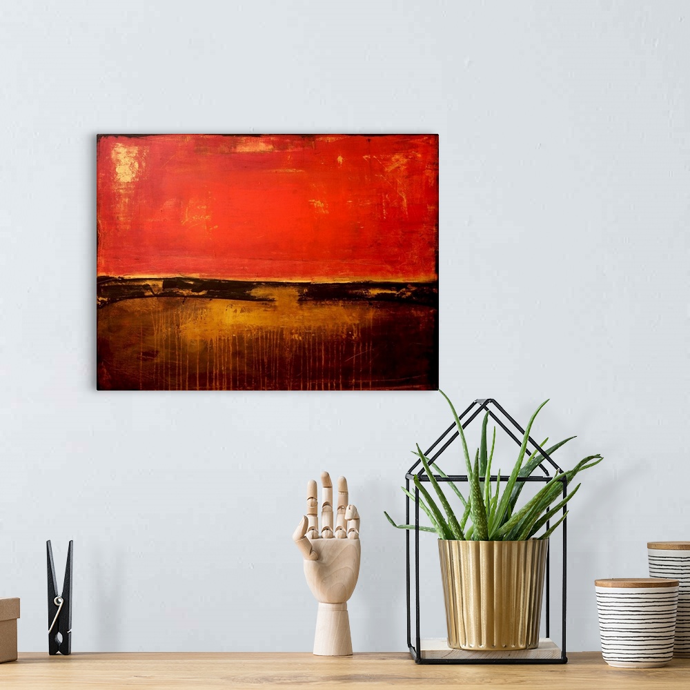 A bohemian room featuring Contemporary abstract painting using bright red bordering the top half of the image and brown bor...