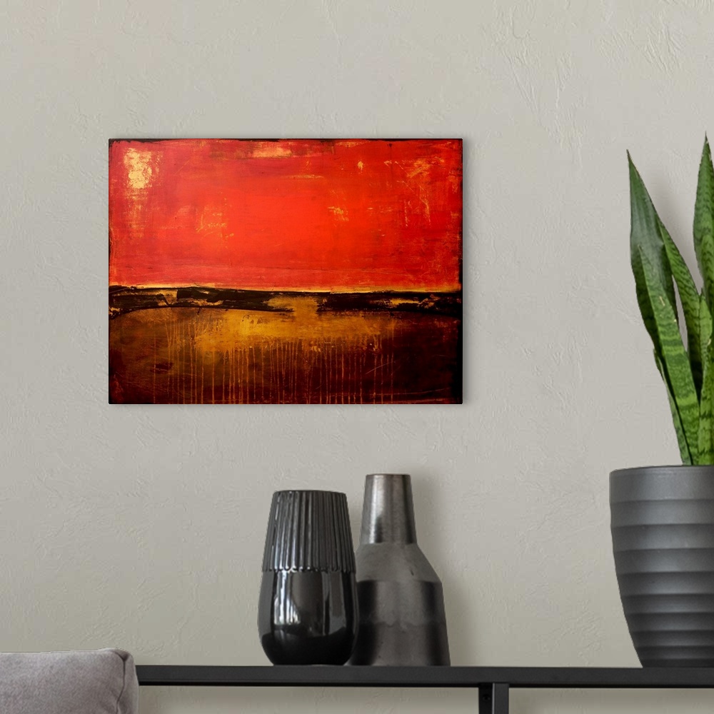 A modern room featuring Contemporary abstract painting using bright red bordering the top half of the image and brown bor...
