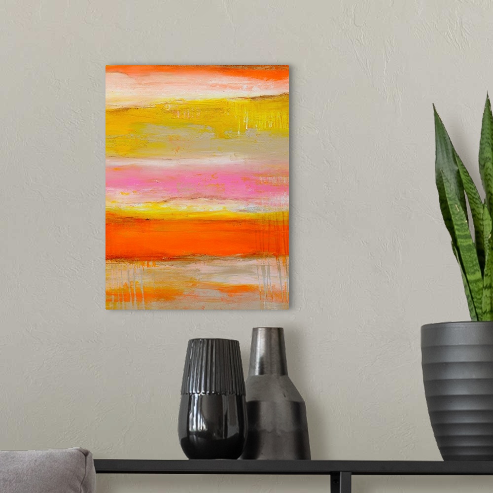 A modern room featuring Tall abstract painting of various bright colors layered horizontally with textured brush strokes.