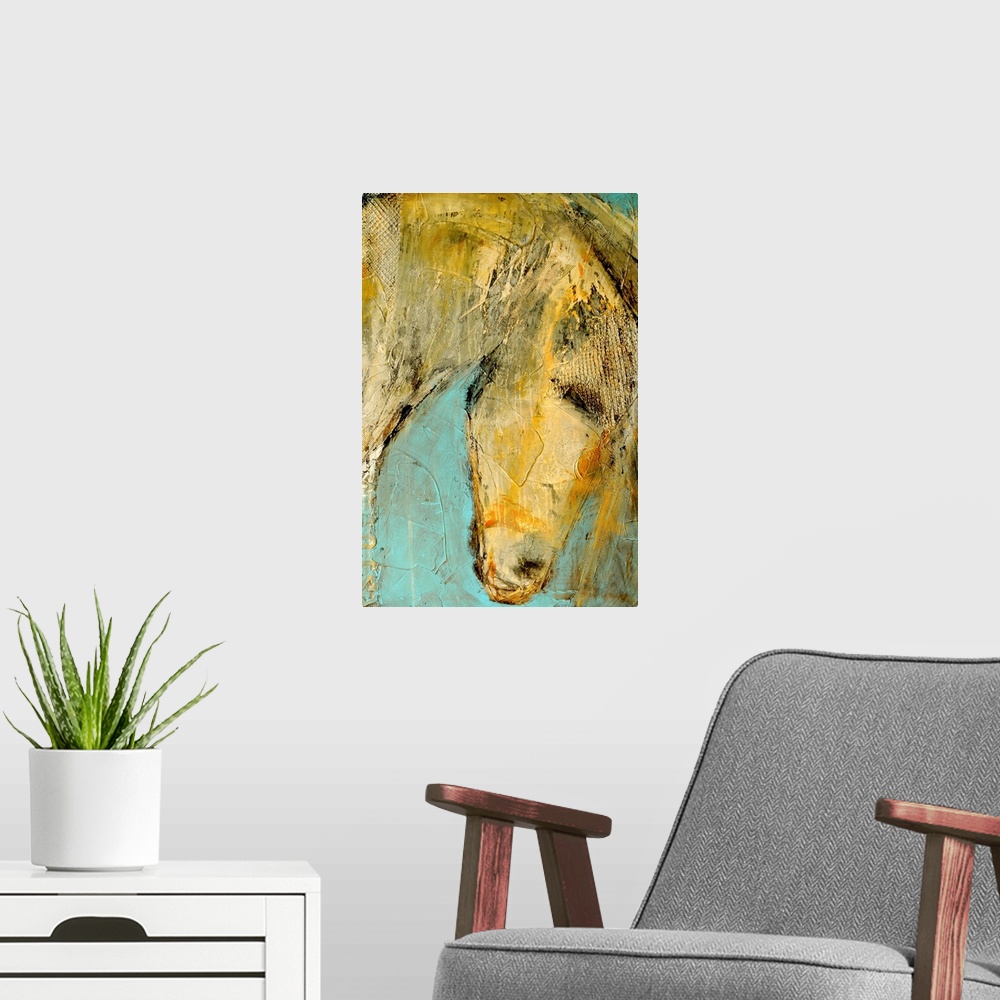 A modern room featuring Large contemporary art focuses on a close-up of a horse's head.  Artist uses rough strokes and te...
