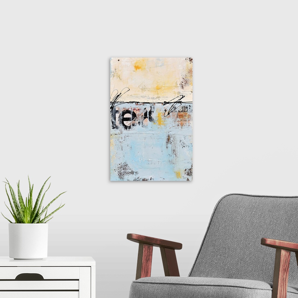A modern room featuring A contemporary abstract painting using a neutral tone face to face with a pale blue and partially...