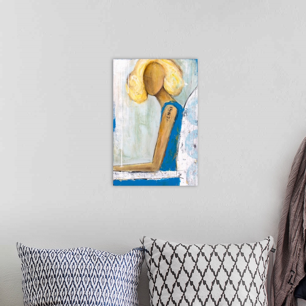 A bohemian room featuring Contemporary painting of a seated blond haired woman wearing a blue dress.