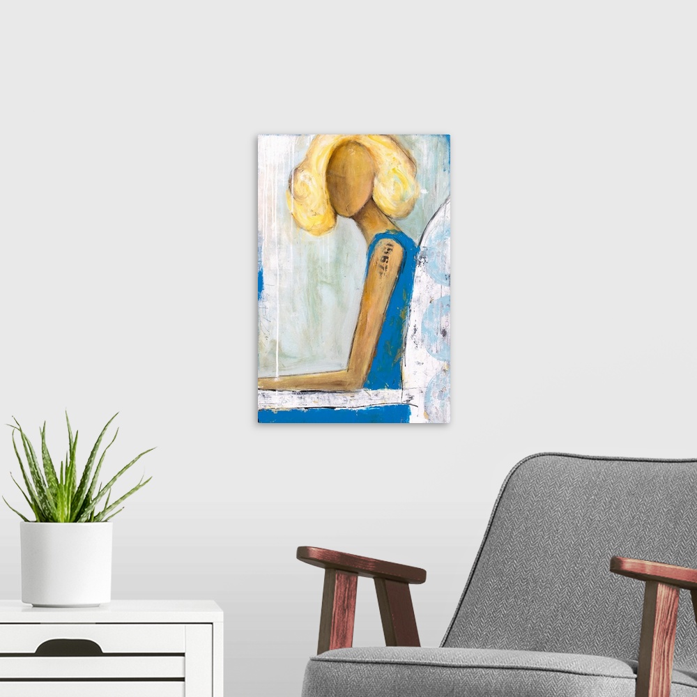 A modern room featuring Contemporary painting of a seated blond haired woman wearing a blue dress.