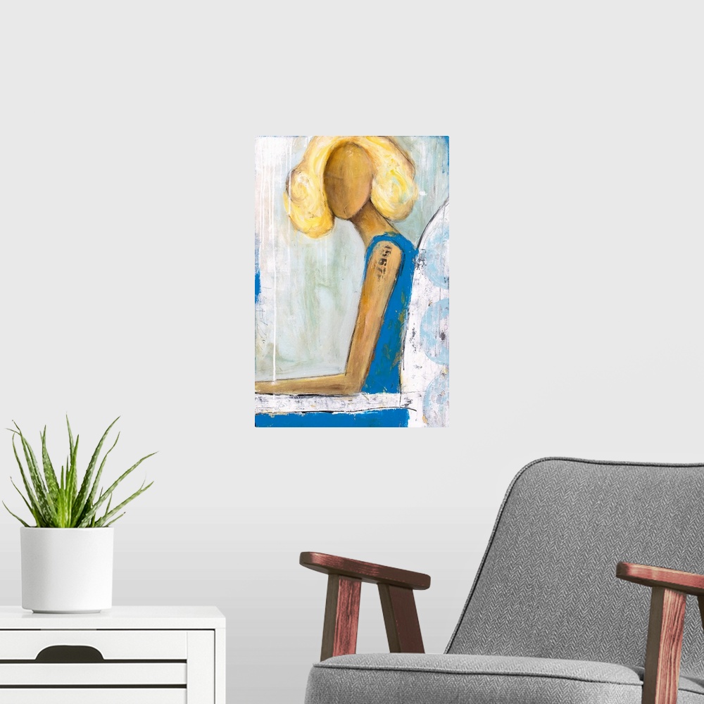A modern room featuring Contemporary painting of a seated blond haired woman wearing a blue dress.