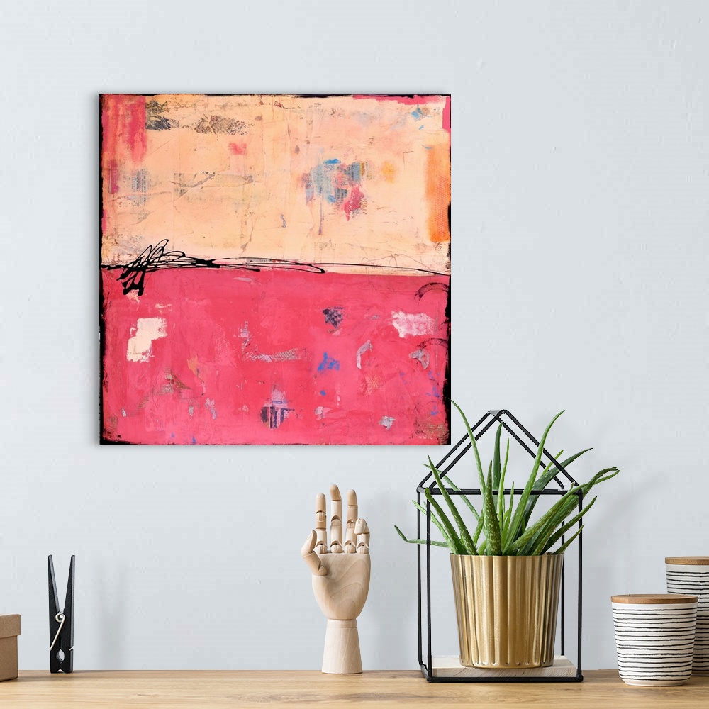 A bohemian room featuring Contemporary abstract painting of a color-field of weathered soft pink and peach.