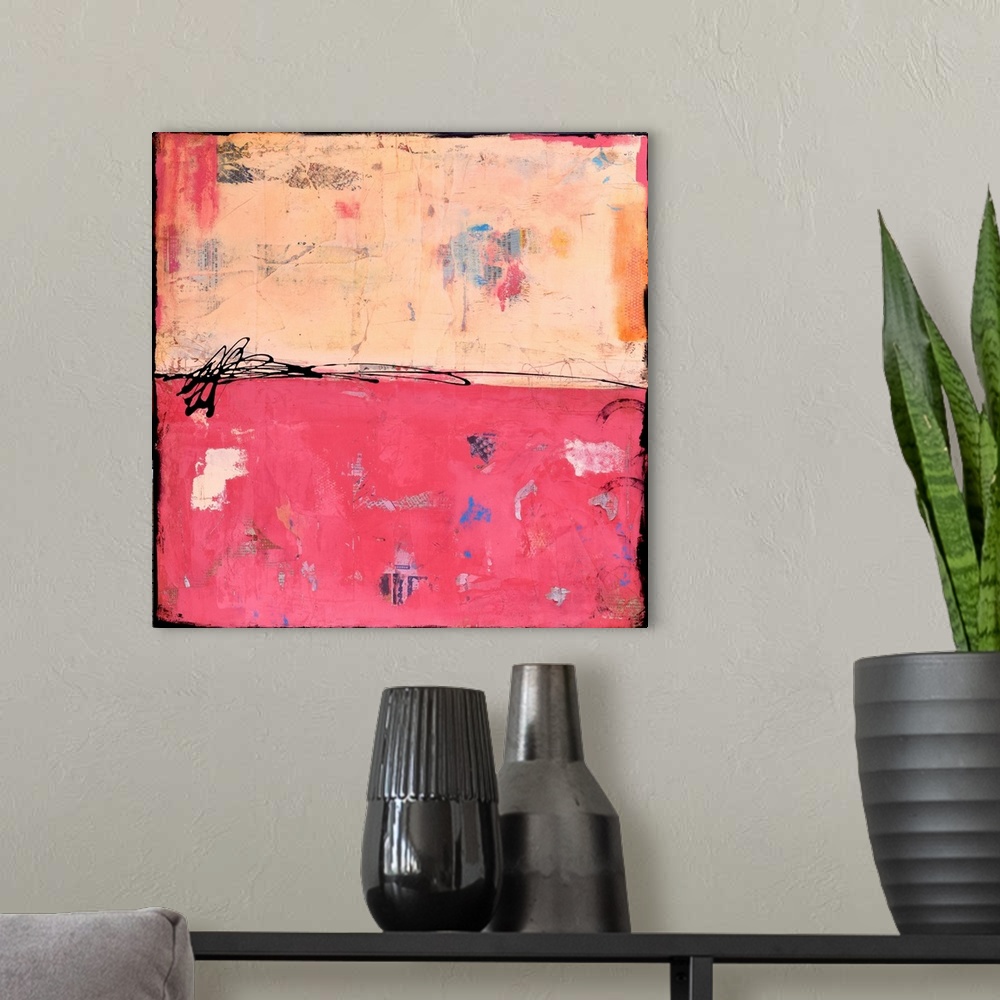 A modern room featuring Contemporary abstract painting of a color-field of weathered soft pink and peach.