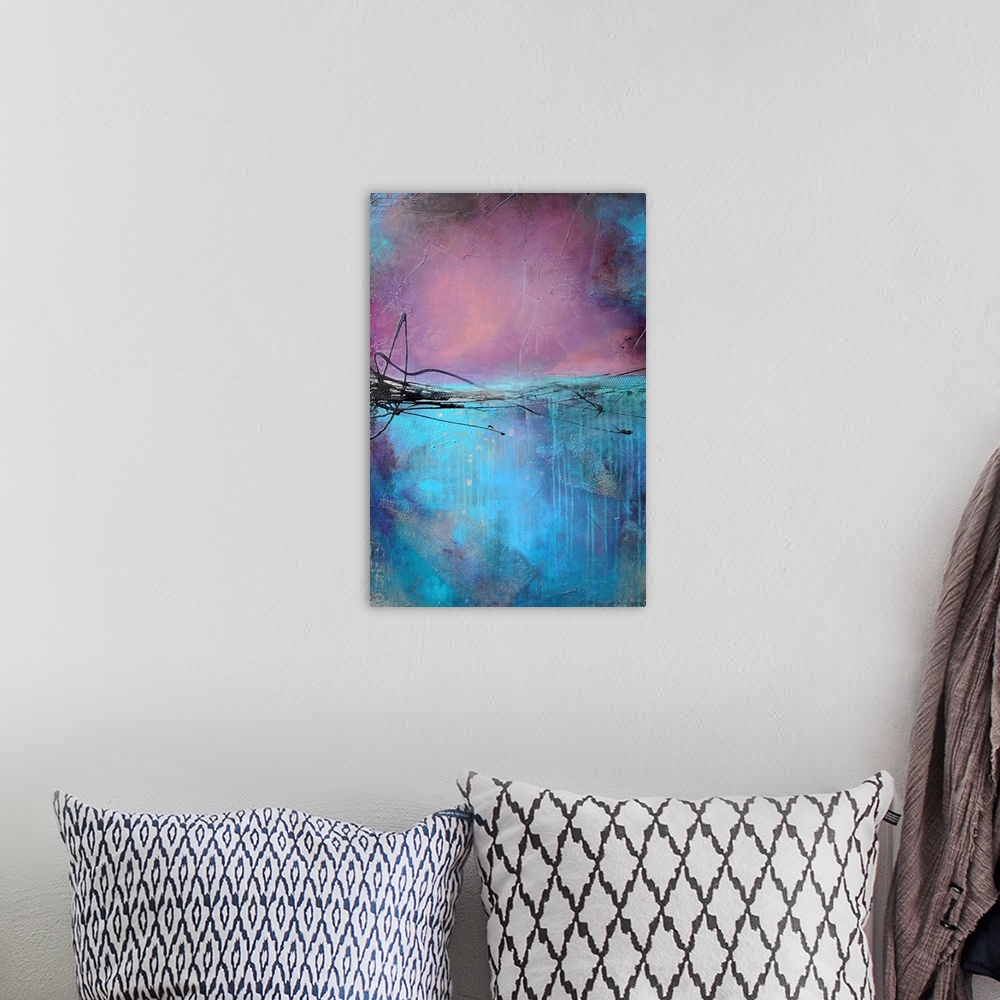 A bohemian room featuring A vertical abstract painting created with layers and textures of paint. The shift in color in the...