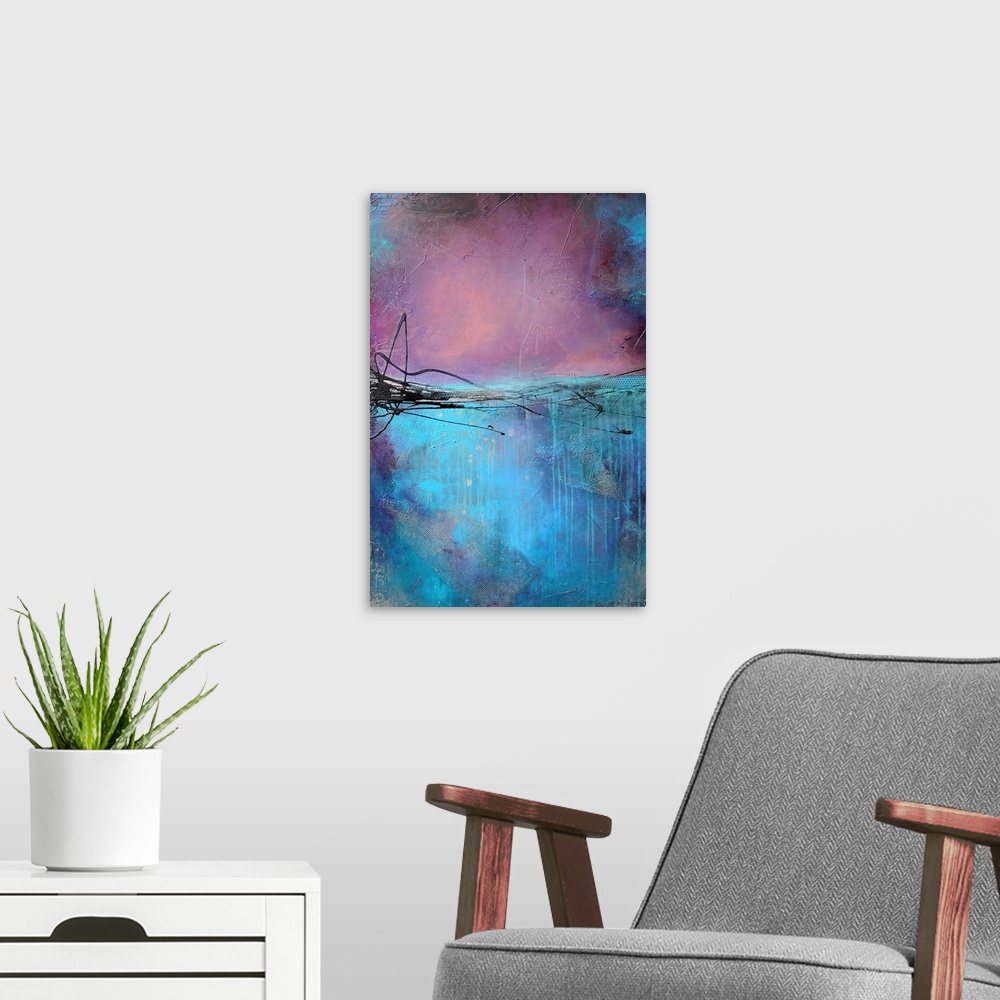 A modern room featuring A vertical abstract painting created with layers and textures of paint. The shift in color in the...
